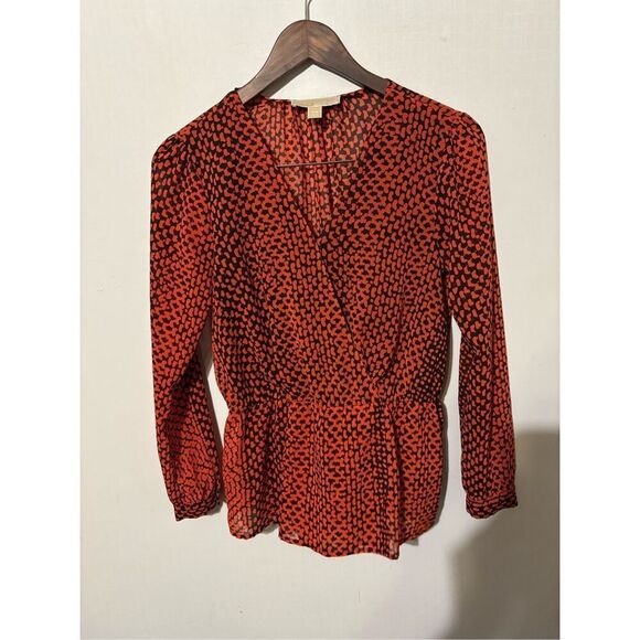 MICHAEL KORS NEW $89.50 SIZE S CHOCO MANDARIN KOBE PRINT PEPLUM BLOUSE TOP - Picture 1 of 5